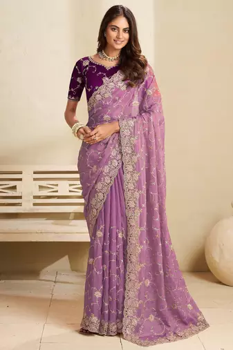 Purple embroidery and glitter cords fendi fabric saree with embroidered silk blouse fabric