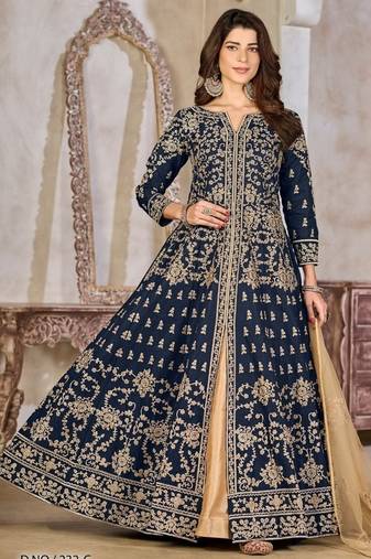 Navy blue art silk heavy embroidered work semi stitched anarakali suit