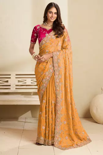 Yellow embroidery and glitter cords fendi fabric saree with embroidered silk blouse fabric
