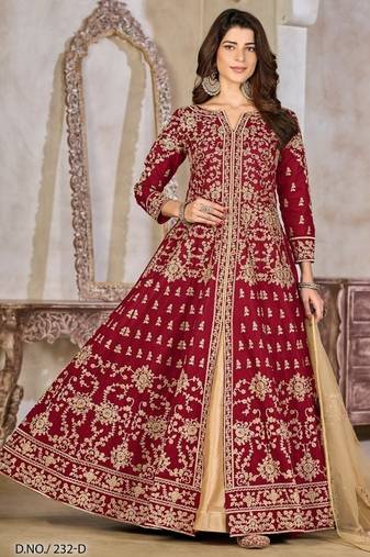 Red art silk heavy embroidered work semi stitched anarakali suit