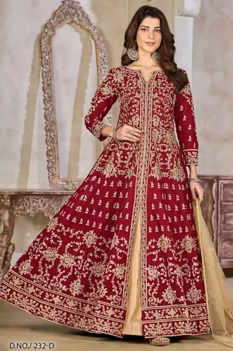 Red art silk heavy embroidered work semi stitched anarakali suit