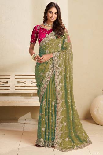 Green embroidery and glitter cords fendi fabric saree with embroidered silk blouse fabric