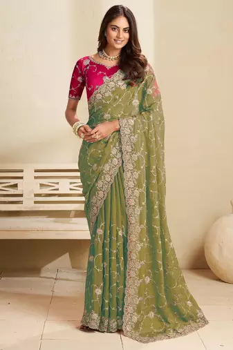Green embroidery and glitter cords fendi fabric saree with embroidered silk blouse fabric