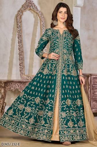 Green art silk heavy embroidered work semi stitched anarakali suit