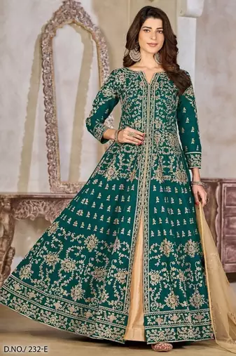 Green art silk heavy embroidered work semi stitched anarakali suit
