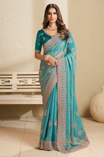 Rama green embroidery and glitter cords fendi fabric saree with embroidered silk blouse fabric