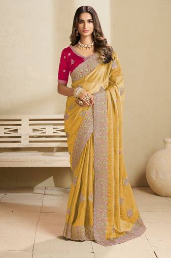 Yellow embroidery and glitter cords fendi fabric saree with embroidered silk blouse fabric