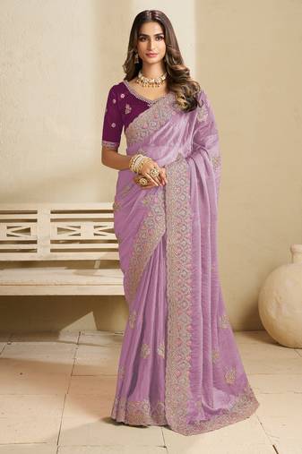Purple embroidery and glitter cords fendi fabric saree with embroidered silk blouse fabric