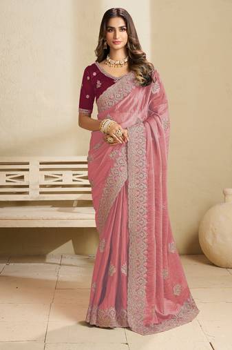 Peach embroidery and glitter cords fendi fabric saree with embroidered silk blouse fabric