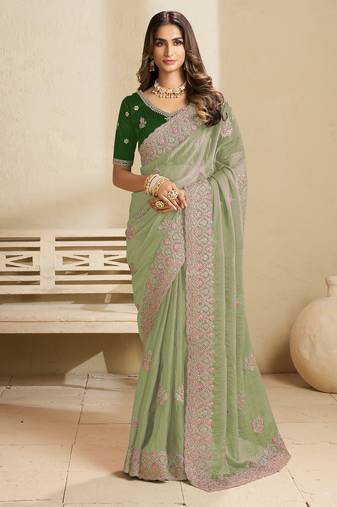 Green embroidery and glitter cords fendi fabric saree with embroidered silk blouse fabric