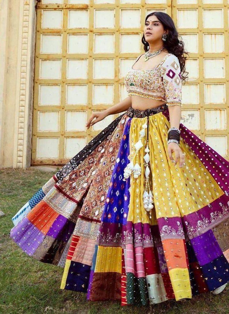Vibrant Multicolor Patchwork Lehenga with Intricate Embroidery and Mirror Work