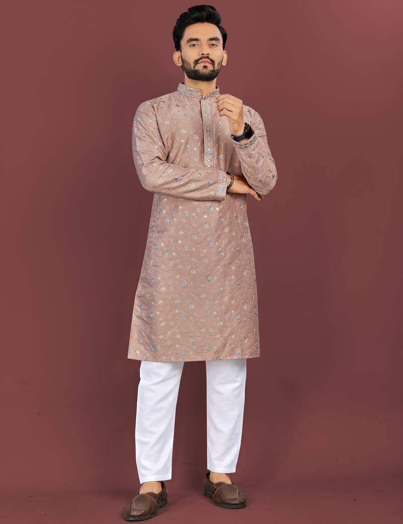 Designer embroidery flower work soft cotton kurta pyjama for men's