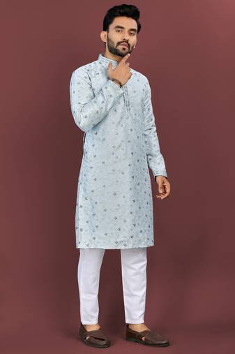 Designer embroidery flower work soft cotton kurta pyjama for men's