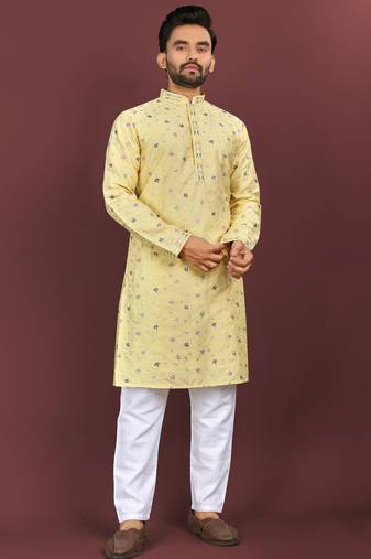 Designer embroidery flower work soft cotton kurta pyjama for men's