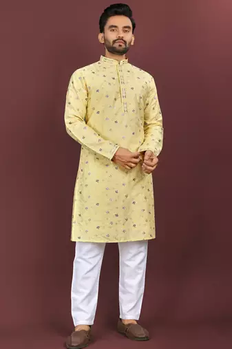 Designer embroidery flower work soft cotton kurta pyjama for men's