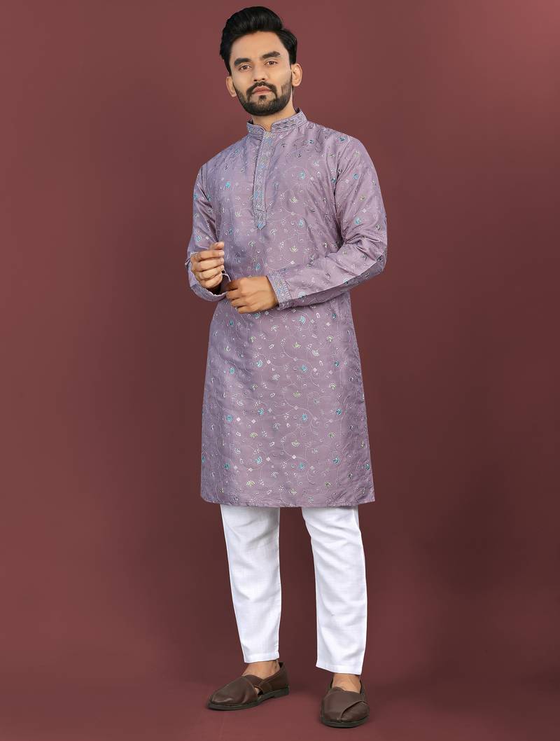 Designer embroidery flower work soft cotton kurta pyjama for men's