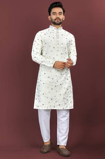 Designer embroidery flower work soft cotton kurta pyjama for men's