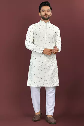 Designer embroidery flower work soft cotton kurta pyjama for men's