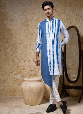 Blue plain cotton silk kurta pajama 1