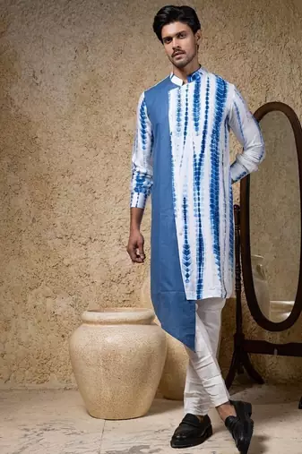 Blue plain cotton silk kurta pajama