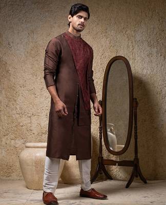Brown embroidered cotton silk kurta pajama 1