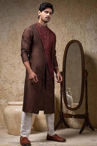 Brown embroidered cotton silk kurta pajama