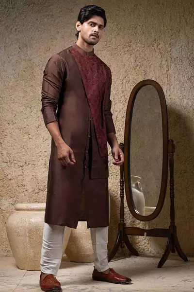 Brown embroidered cotton silk kurta pajama