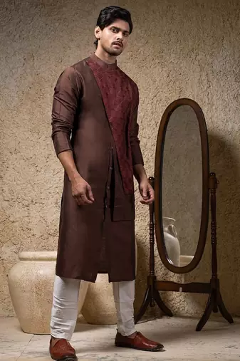 Brown embroidered cotton silk kurta pajama