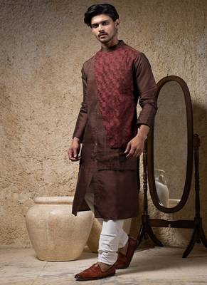 Brown embroidered cotton silk kurta pajama 2