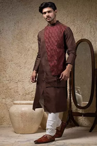 Brown embroidered cotton silk kurta pajama