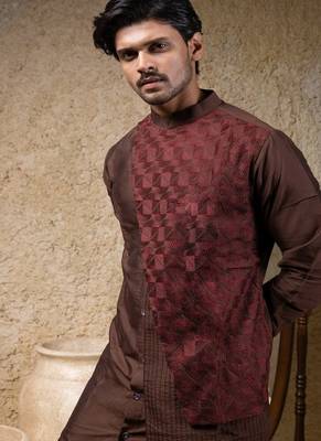 Brown embroidered cotton silk kurta pajama 3