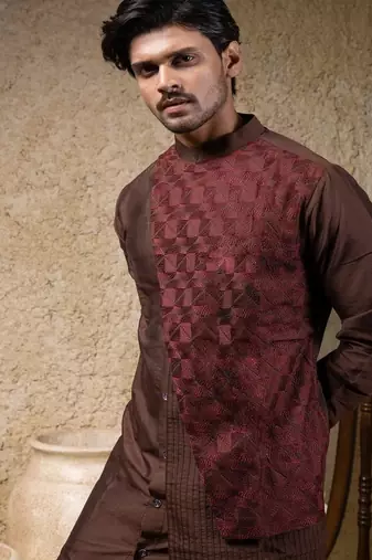 Brown embroidered cotton silk kurta pajama
