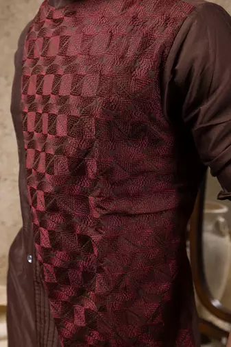Brown embroidered cotton silk kurta pajama