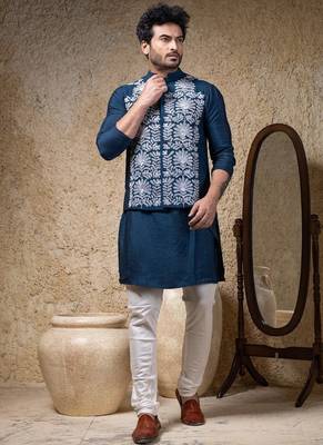 Blue embroidered cotton silk nehru jacket set 1