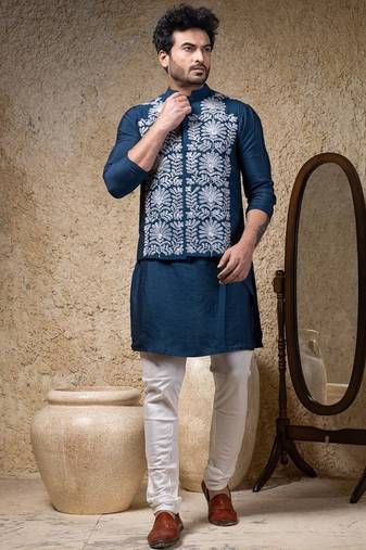 Blue embroidered cotton silk nehru jacket set