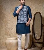 Blue embroidered cotton silk nehru jacket set