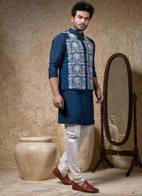 Blue embroidered cotton silk nehru jacket set 2