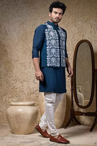 Blue embroidered cotton silk nehru jacket set