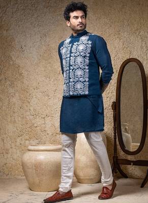 Blue embroidered cotton silk nehru jacket set 3