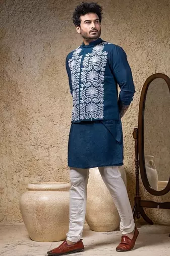 Blue embroidered cotton silk nehru jacket set