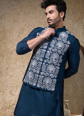 Blue embroidered cotton silk nehru jacket set 4