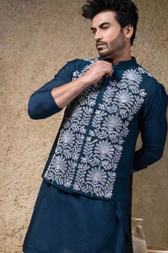 Blue embroidered cotton silk nehru jacket set