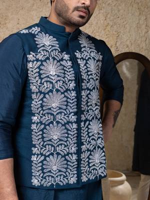 Blue embroidered cotton silk nehru jacket set 5