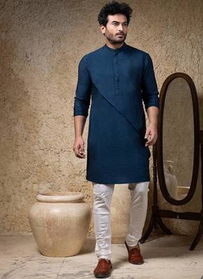 Blue plain cotton silk kurta pajama 1
