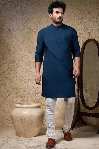 Blue plain cotton silk kurta pajama