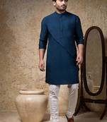 Blue plain cotton silk kurta pajama
