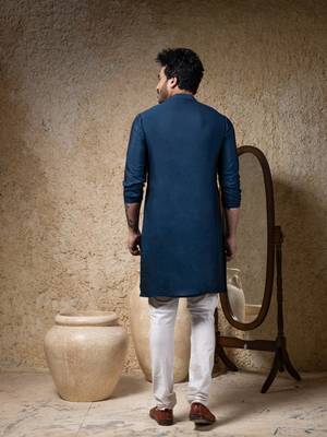 Blue plain cotton silk kurta pajama 2