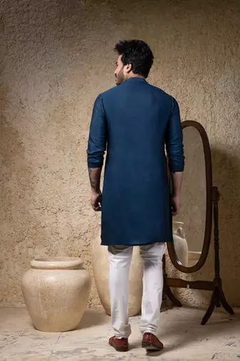 Blue plain cotton silk kurta pajama