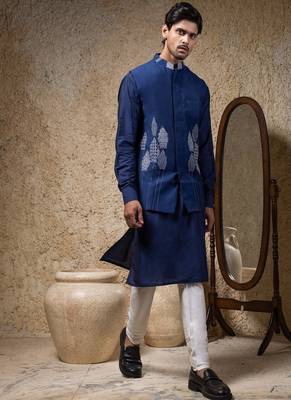 Blue embroidered cotton silk nehru jacket set 1