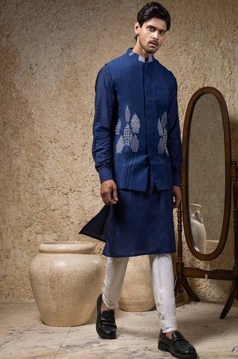 Blue embroidered cotton silk nehru jacket set